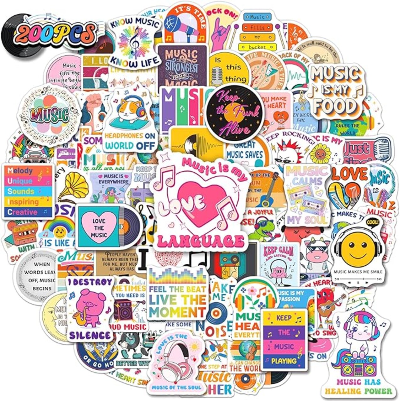 200 PCS Music Motivational Stickers, Cute Musical Stickers for Kids Teens Adults Teachers, Musical Decals for Music Party Favors Piano Guitar Water Bottles